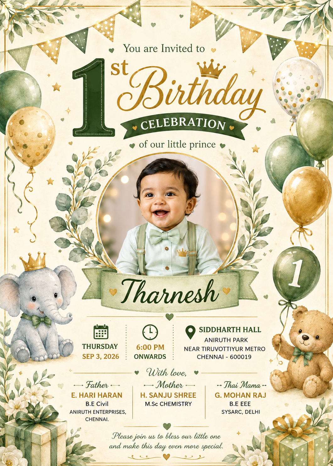 Tharnesh 1st Birthday Celebration Invitation